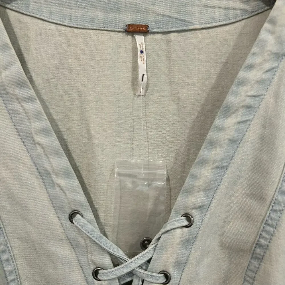NEW Free People Lace Up Light Wash Cotton Denim Corset Top Size Small